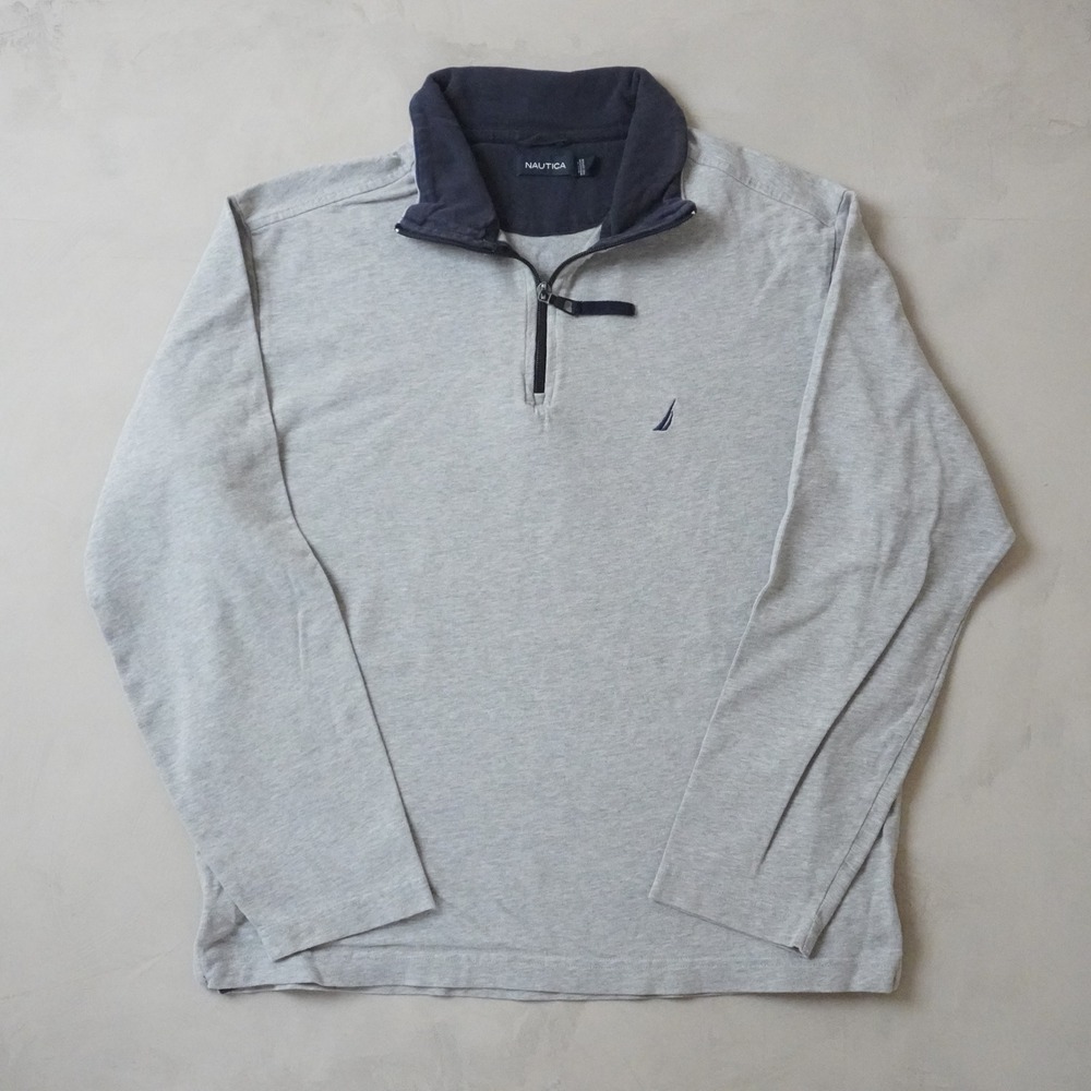 Nautica Quarter Zip Pullover Sweater Medium Mens Grey Navy Blue Cotton Y2K